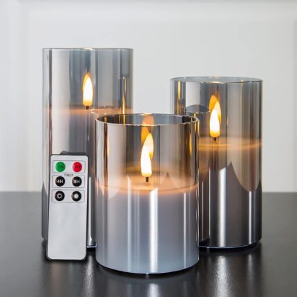 Set de 3 lumânări decorative cu LED Elindor din sticlă fumurie