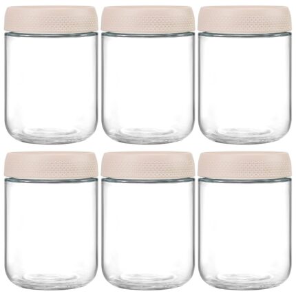 Set de 6 borcane din sticlă transparentă, cu capac din plastic bej, ideale pentru depozitare.
