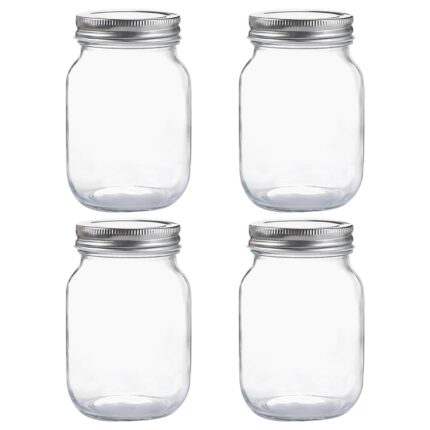 Set de borcane de sticlă transparente cu capace metalice, reutilizabile.