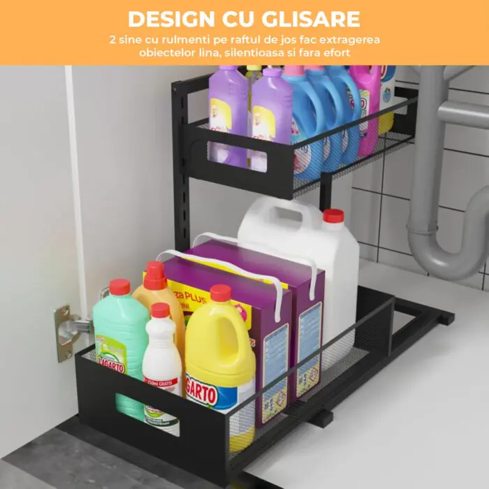 Organizator glisant metalic pentru sub chiuvetă, cu raft inferior extensibil, ideal pentru depozitarea detergenților și economisirea spațiului.