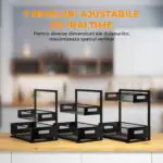 Organizator metalic cu 7 niveluri ajustabile de înălțime, ideal pentru dulapuri și maximizarea spațiului vertical în bucătărie sau baie.