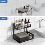 Organizator metalic pentru baie cu două niveluri, ideal pentru depozitarea produselor de îngrijire personală, săpunuri și prosoape.