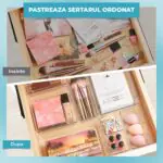 Organizator din plastic transparent pentru sertare, comparativ înainte și după utilizare.