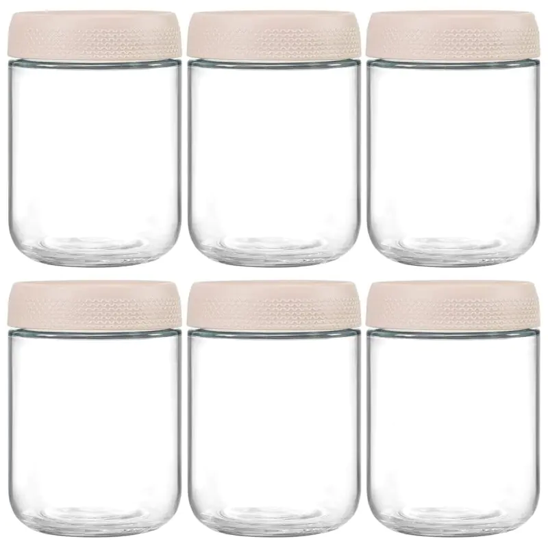 Set de 6 borcane din sticlă transparentă, cu capac din plastic bej, ideale pentru depozitare.